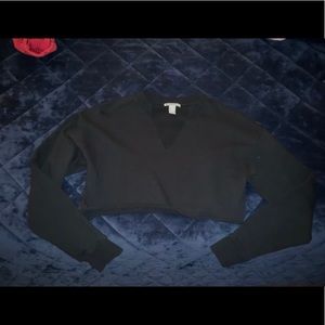 Cropped Black V Neck Cut Collar Sweater